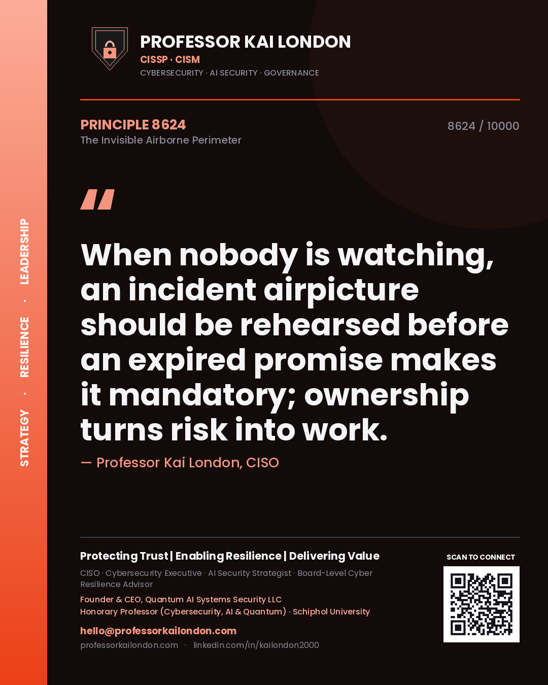 Quote card by Professor Kai London reading 'When nobody is watching, an incident airpicture should be rehearsed before an expired promise makes it mandatory; ownership turns risk into work.'. From the book The Invisible Airborne Perimeter.