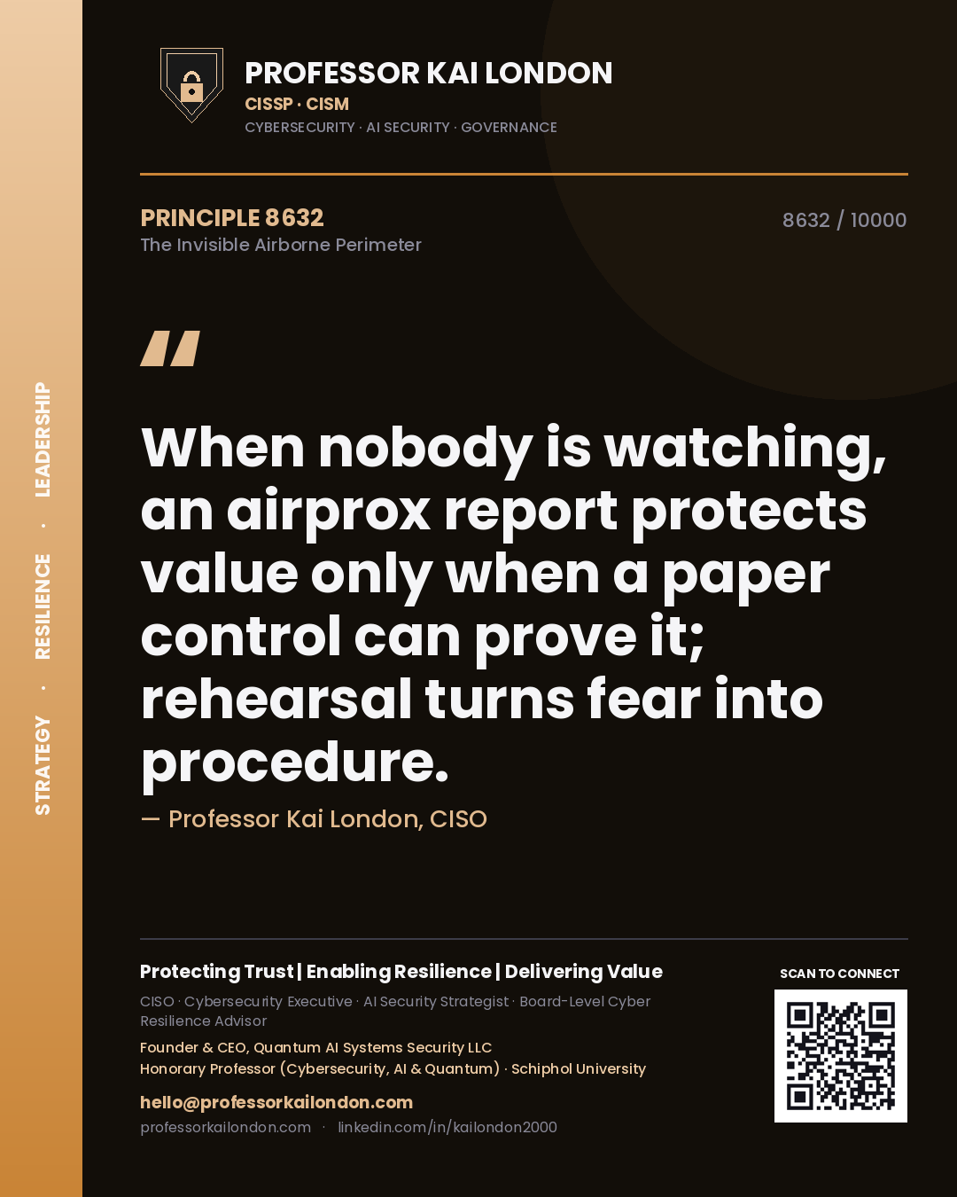 Quote card by Professor Kai London reading 'When nobody is watching, an airprox report protects value only when a paper control can prove it; rehearsal turns fear into procedure.'. From the book The Invisible Airborne Perimeter.