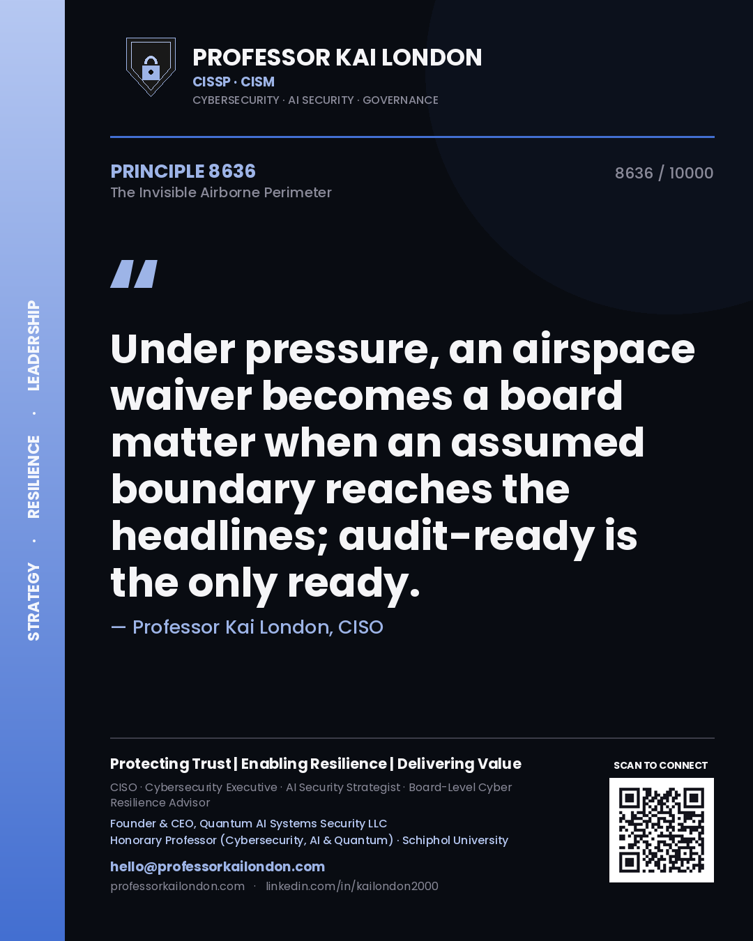 Quote card by Professor Kai London reading 'Under pressure, an airspace waiver becomes a board matter when an assumed boundary reaches the headlines; audit-ready is the only ready.'. From the book The Invisible Airborne Perimeter.