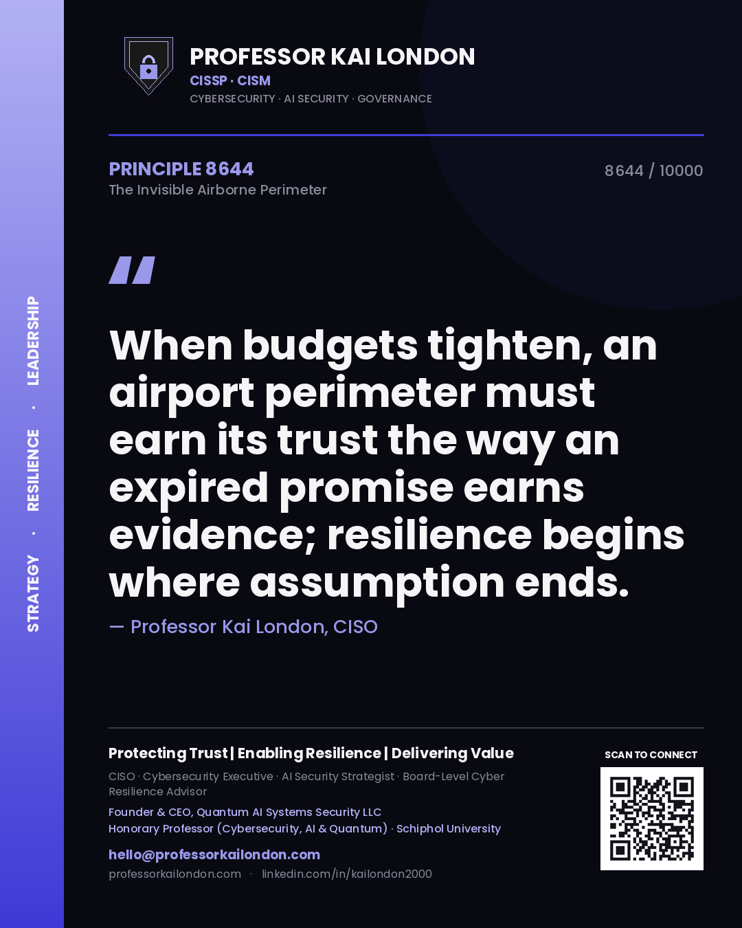 Quote card by Professor Kai London reading 'When budgets tighten, an airport perimeter must earn its trust the way an expired promise earns evidence; resilience begins where assumption ends.'. From the book The Invisible Airborne Perimeter.