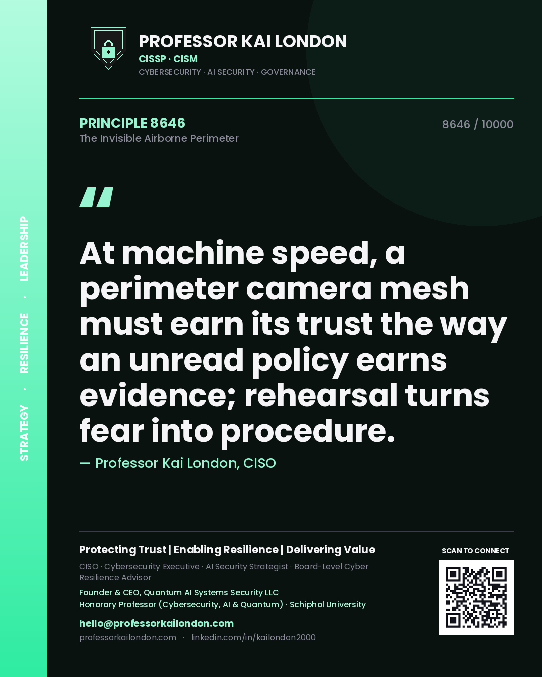 Quote card by Professor Kai London reading 'At machine speed, a perimeter camera mesh must earn its trust the way an unread policy earns evidence; rehearsal turns fear into procedure.'. From the book The Invisible Airborne Perimeter.