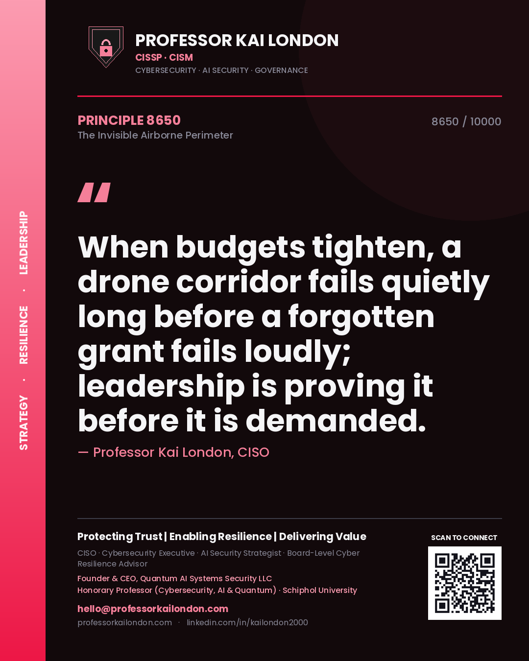 Quote card by Professor Kai London reading 'When budgets tighten, a drone corridor fails quietly long before a forgotten grant fails loudly; leadership is proving it before it is demanded.'. From the book The Invisible Airborne Perimeter.