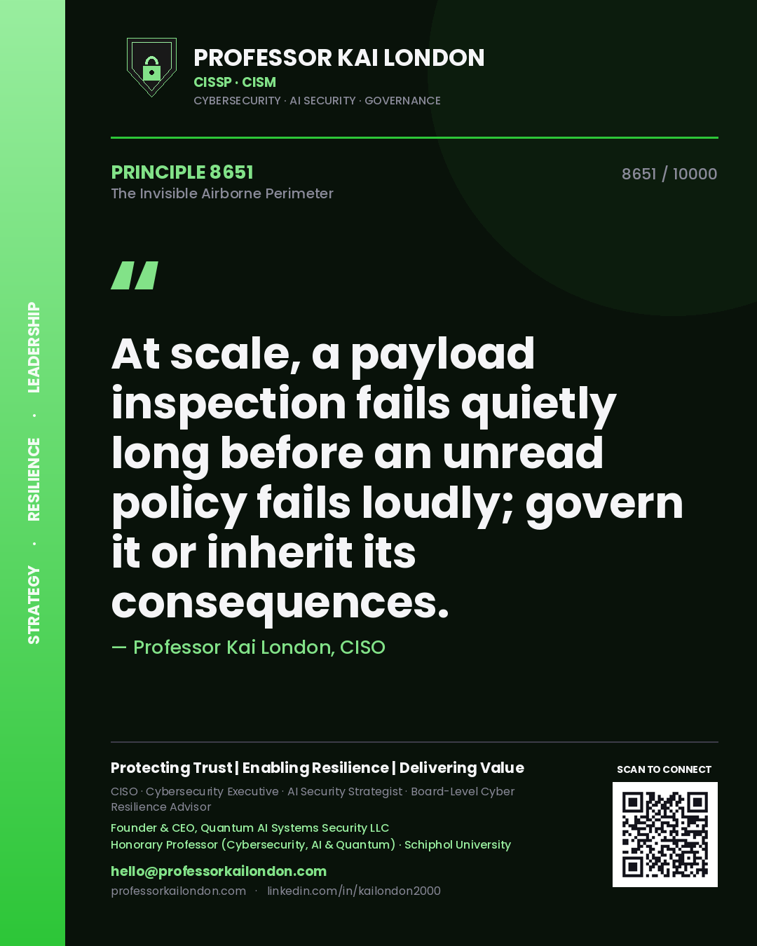 Quote card by Professor Kai London reading 'At scale, a payload inspection fails quietly long before an unread policy fails loudly; govern it or inherit its consequences.'. From the book The Invisible Airborne Perimeter.
