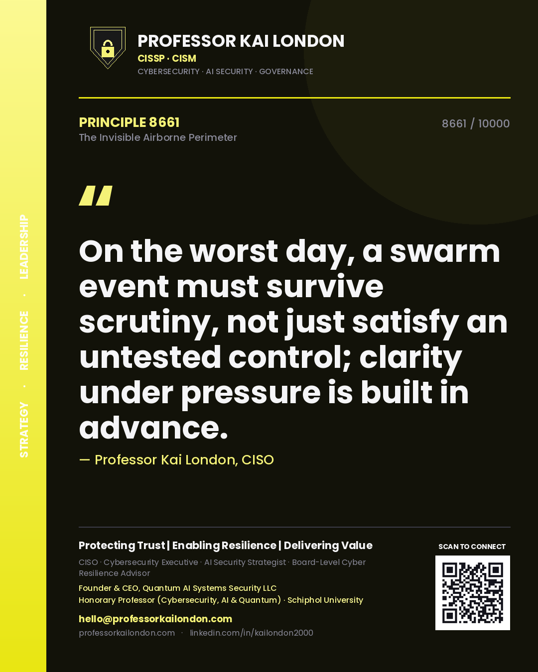 Quote card by Professor Kai London reading 'On the worst day, a swarm event must survive scrutiny, not just satisfy an untested control; clarity under pressure is built in advance.'. From the book The Invisible Airborne Perimeter.