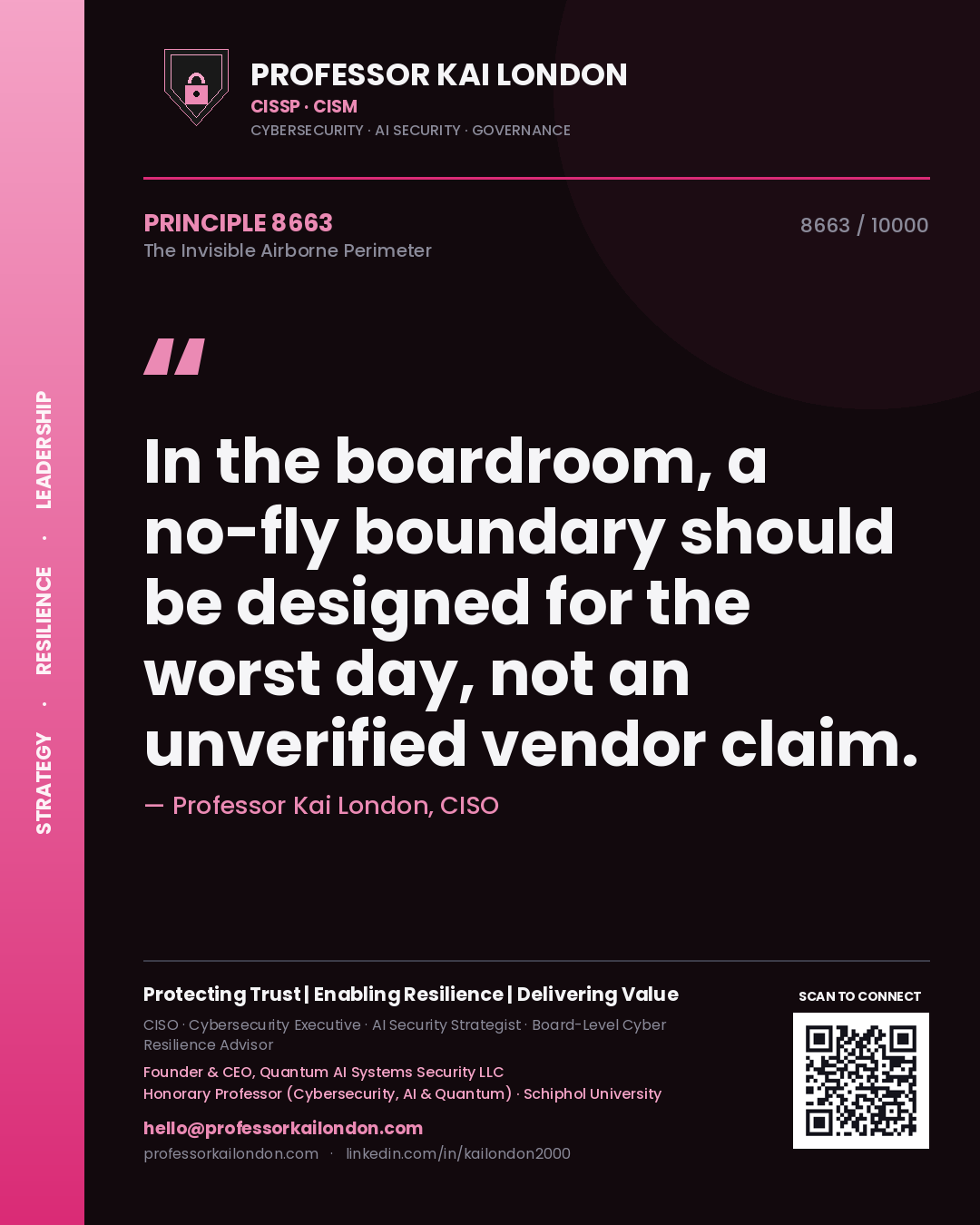 Quote card by Professor Kai London reading 'In the boardroom, a no-fly boundary should be designed for the worst day, not an unverified vendor claim.'. From the book The Invisible Airborne Perimeter.