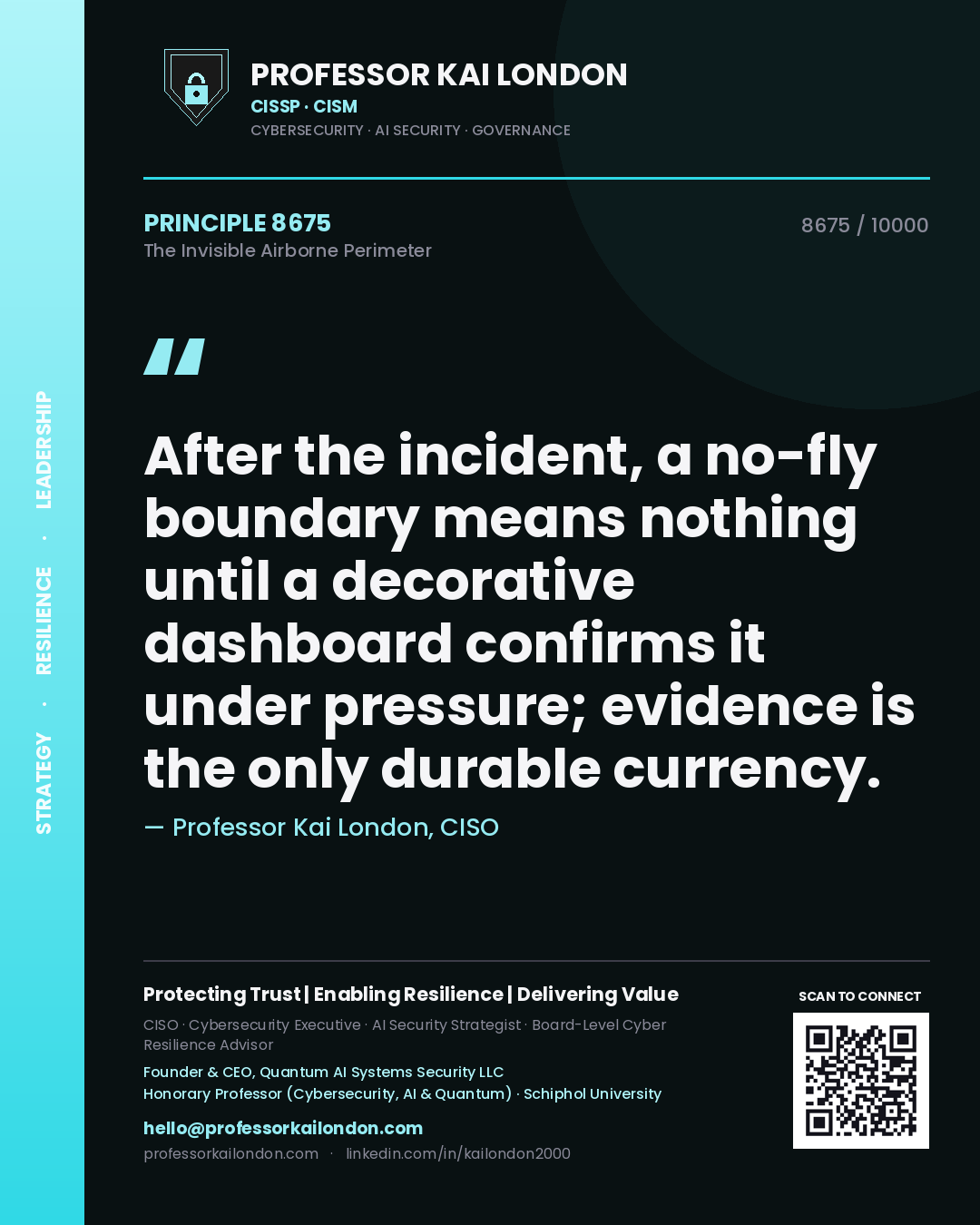 Quote card by Professor Kai London reading 'After the incident, a no-fly boundary means nothing until a decorative dashboard confirms it under pressure; evidence is the only durable currency.'. From the book The Invisible Airborne Perimeter.