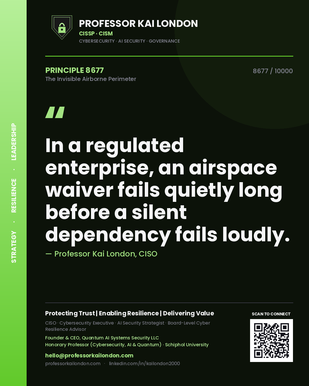 Quote card by Professor Kai London reading 'In a regulated enterprise, an airspace waiver fails quietly long before a silent dependency fails loudly.'. From the book The Invisible Airborne Perimeter.
