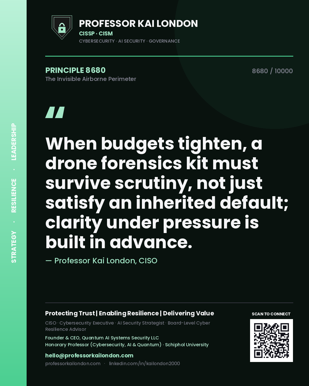 Quote card by Professor Kai London reading 'When budgets tighten, a drone forensics kit must survive scrutiny, not just satisfy an inherited default; clarity under pressure is built in advance.'. From the book The Invisible Airborne Perimeter.