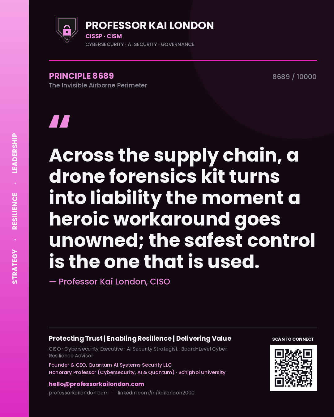 Quote card by Professor Kai London reading 'Across the supply chain, a drone forensics kit turns into liability the moment a heroic workaround goes unowned; the safest control is the one that is used.'. From the book The Invisible Airborne Perimeter.