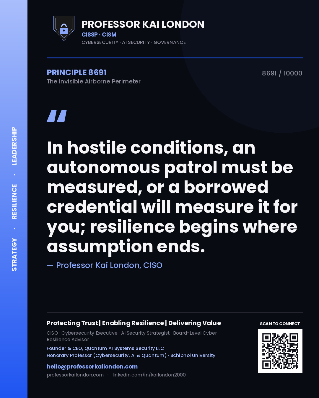 Quote card by Professor Kai London reading 'In hostile conditions, an autonomous patrol must be measured, or a borrowed credential will measure it for you; resilience begins where assumption ends.'. From the book The Invisible Airborne Perimeter.