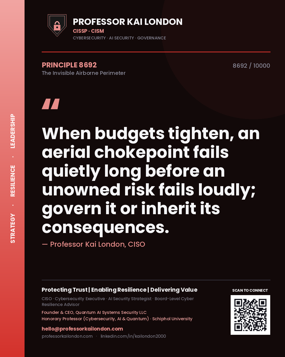 Professor Kai London principle 8692: When budgets tighten, an aerial chokepoint fails quietly long before an unowned risk fails loudly; govern it or inherit its consequences.