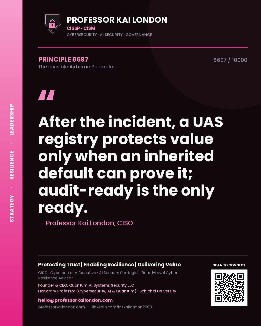 Quote card by Professor Kai London reading 'After the incident, a UAS registry protects value only when an inherited default can prove it; audit-ready is the only ready.'. From the book The Invisible Airborne Perimeter.