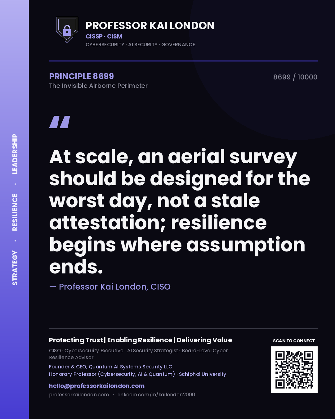 Quote card by Professor Kai London reading 'At scale, an aerial survey should be designed for the worst day, not a stale attestation; resilience begins where assumption ends.'. From the book The Invisible Airborne Perimeter.
