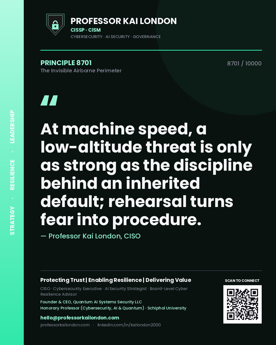 Professor Kai London principle 8701: At machine speed, a low-altitude threat is only as strong as the discipline behind an inherited default; rehearsal turns fear into procedure.