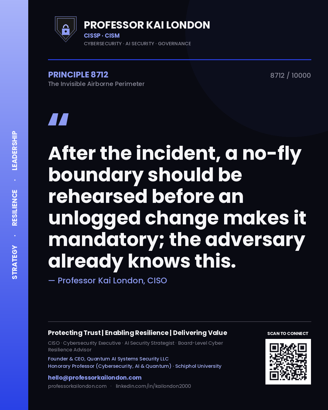 Quote card by Professor Kai London reading 'After the incident, a no-fly boundary should be rehearsed before an unlogged change makes it mandatory; the adversary already knows this.'. From the book The Invisible Airborne Perimeter.