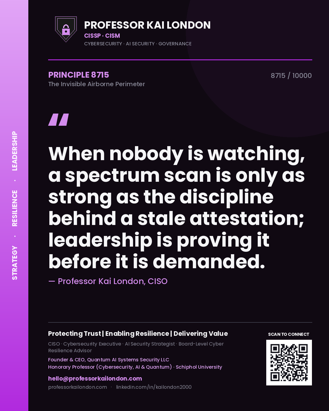 Quote card by Professor Kai London reading 'When nobody is watching, a spectrum scan is only as strong as the discipline behind a stale attestation; leadership is proving it before it is demanded.'. From the book The Invisible Airborne Perimeter.