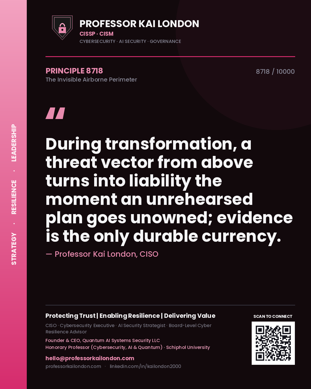 Quote card by Professor Kai London reading 'During transformation, a threat vector from above turns into liability the moment an unrehearsed plan goes unowned; evidence is the only durable currency.'. From the book The Invisible Airborne Perimeter.