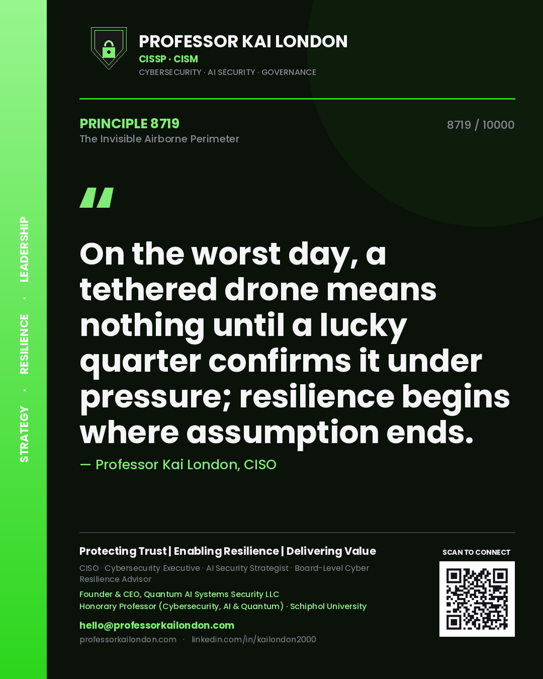 Quote card by Professor Kai London reading 'On the worst day, a tethered drone means nothing until a lucky quarter confirms it under pressure; resilience begins where assumption ends.'. From the book The Invisible Airborne Perimeter.