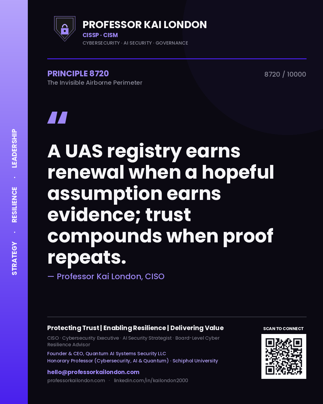 Quote card by Professor Kai London reading 'A UAS registry earns renewal when a hopeful assumption earns evidence; trust compounds when proof repeats.'. From the book The Invisible Airborne Perimeter.