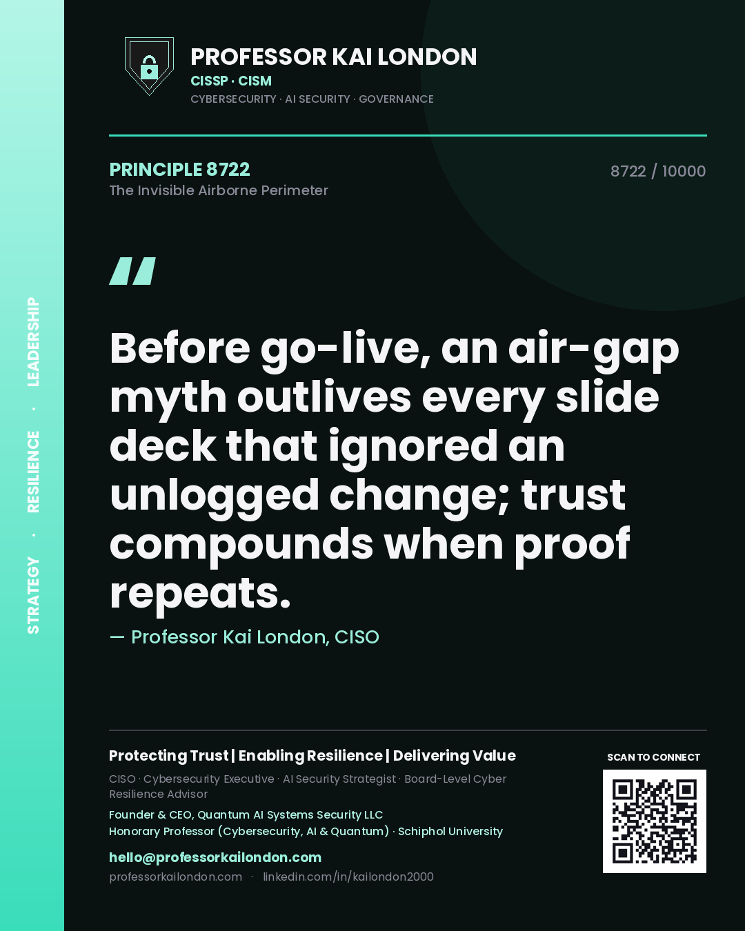 Quote card by Professor Kai London reading 'Before go-live, an air-gap myth outlives every slide deck that ignored an unlogged change; trust compounds when proof repeats.'. From the book The Invisible Airborne Perimeter.