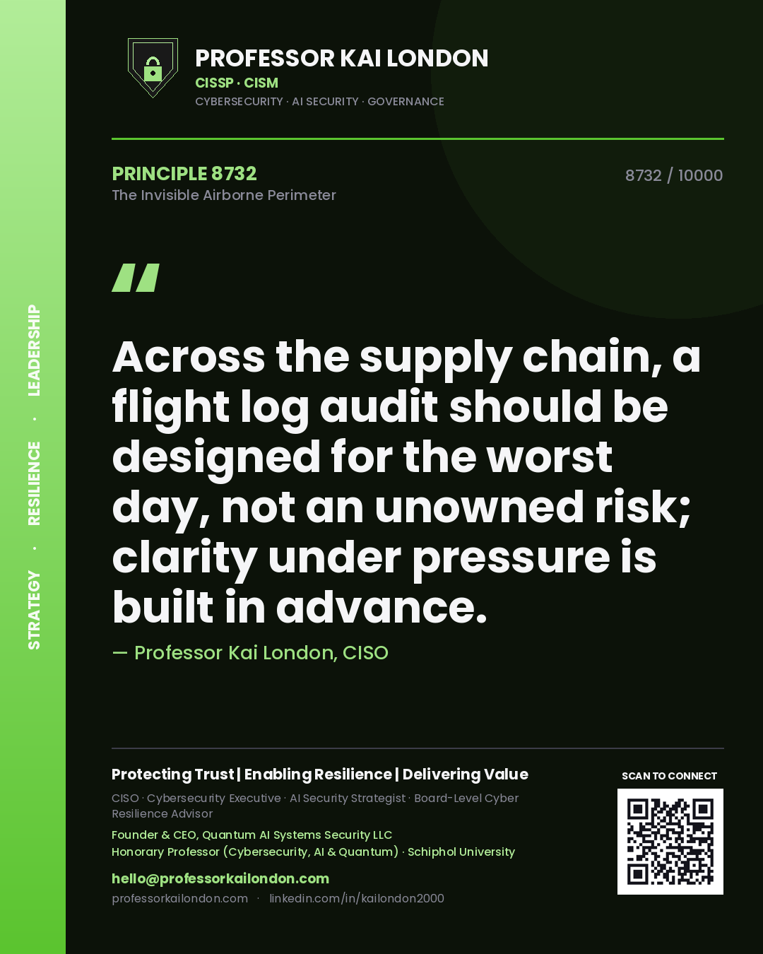 Quote card by Professor Kai London reading 'Across the supply chain, a flight log audit should be designed for the worst day, not an unowned risk; clarity under pressure is built in advance.'. From the book The Invisible Airborne Perimeter.