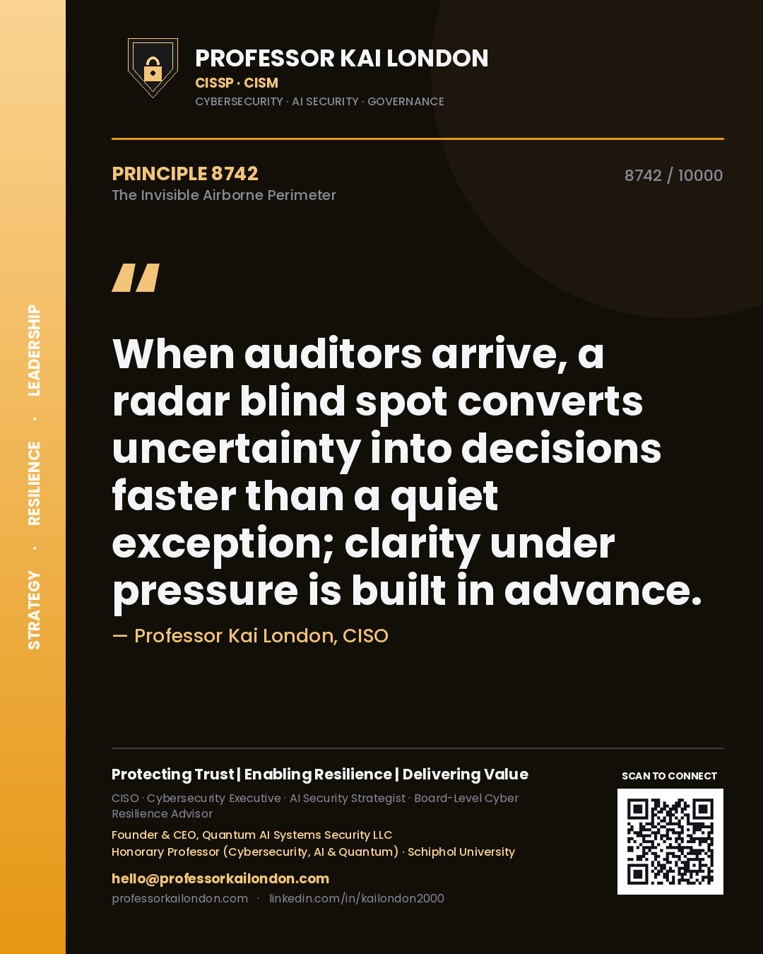 Quote card by Professor Kai London reading 'When auditors arrive, a radar blind spot converts uncertainty into decisions faster than a quiet exception; clarity under pressure is built in advance.'. From the book The Invisible Airborne Perimeter.