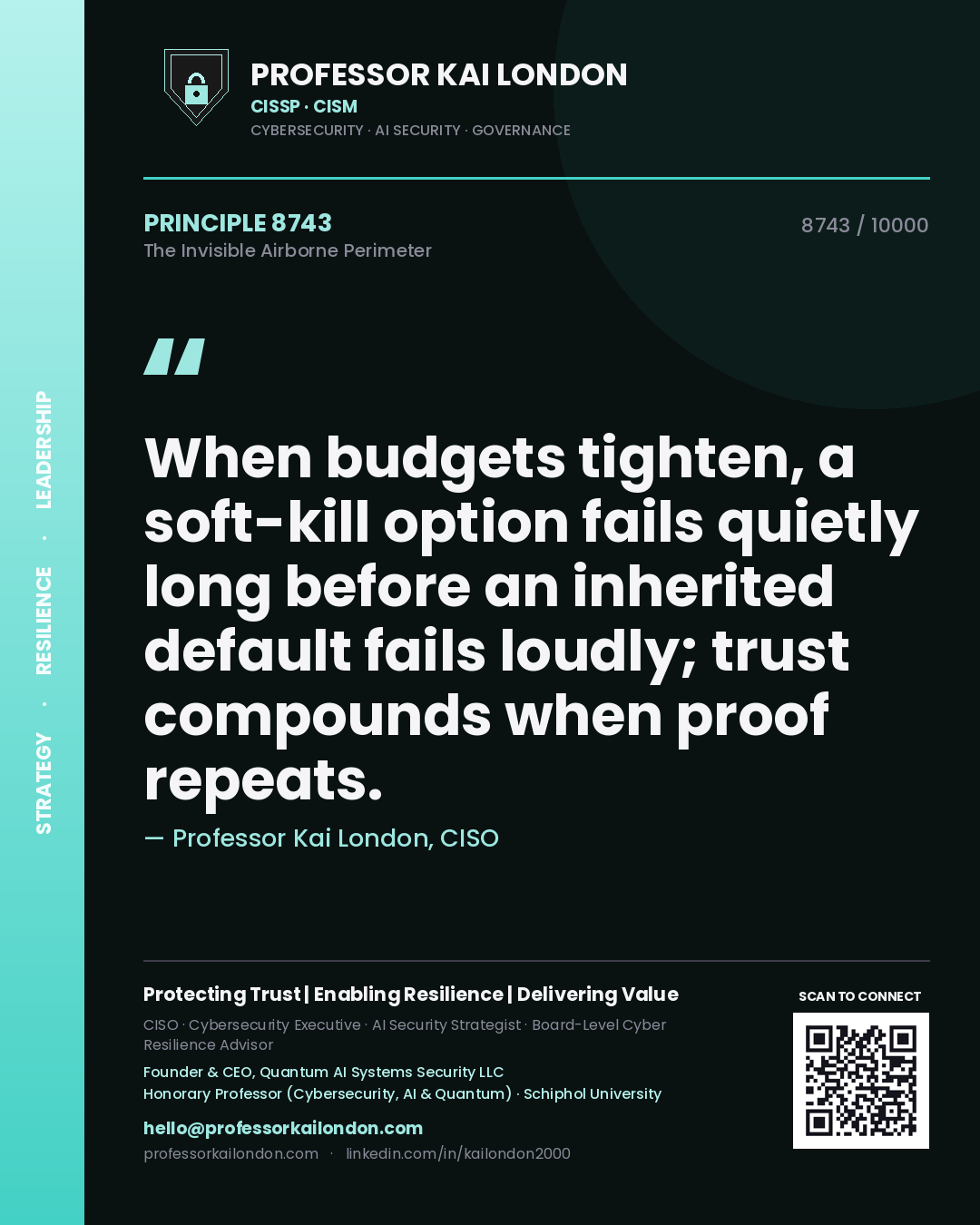 Quote card by Professor Kai London reading 'When budgets tighten, a soft-kill option fails quietly long before an inherited default fails loudly; trust compounds when proof repeats.'. From the book The Invisible Airborne Perimeter.