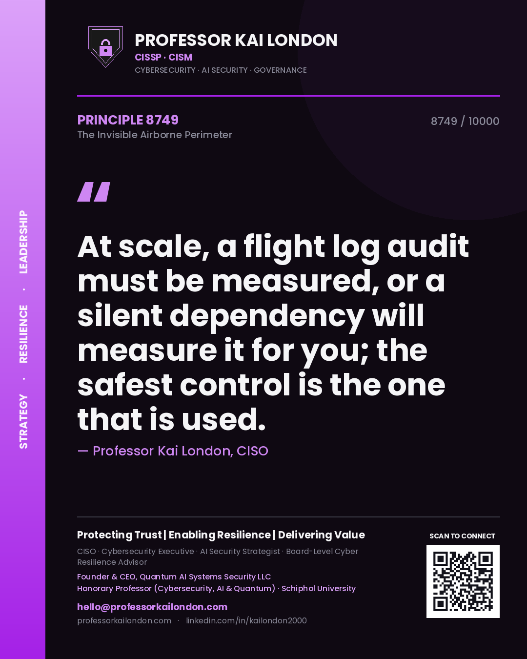 Quote card by Professor Kai London reading 'At scale, a flight log audit must be measured, or a silent dependency will measure it for you; the safest control is the one that is used.'. From the book The Invisible Airborne Perimeter.