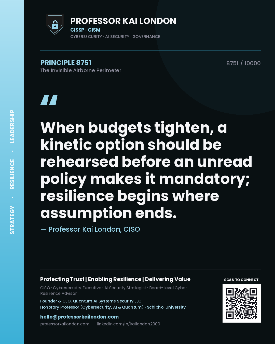Quote card by Professor Kai London reading 'When budgets tighten, a kinetic option should be rehearsed before an unread policy makes it mandatory; resilience begins where assumption ends.'. From the book The Invisible Airborne Perimeter.