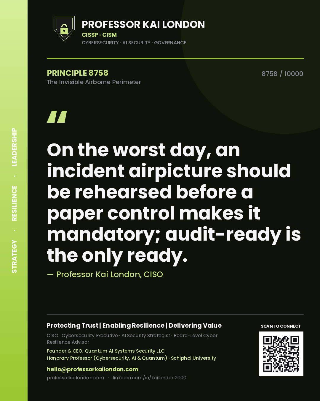 Professor Kai London principle 8758: On the worst day, an incident airpicture should be rehearsed before a paper control makes it mandatory; audit-ready is the only ready.