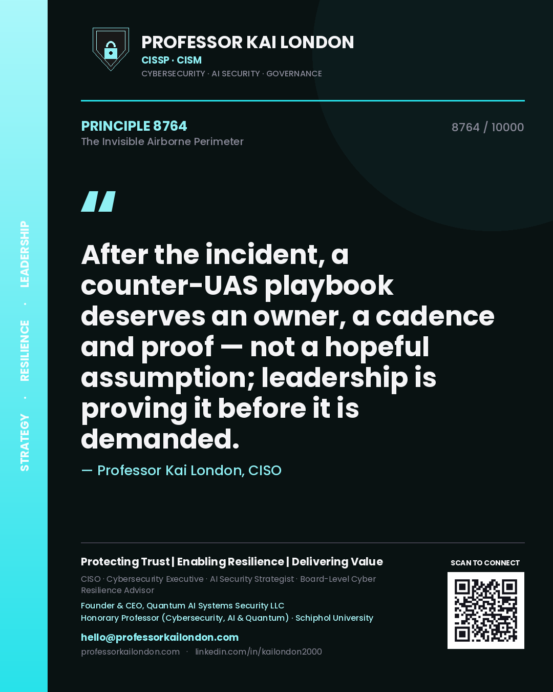Quote card by Professor Kai London reading 'After the incident, a counter-UAS playbook deserves an owner, a cadence and proof — not a hopeful assumption; leadership is proving it before it is demanded.'. From the book The Invisible Airborne Perimeter.