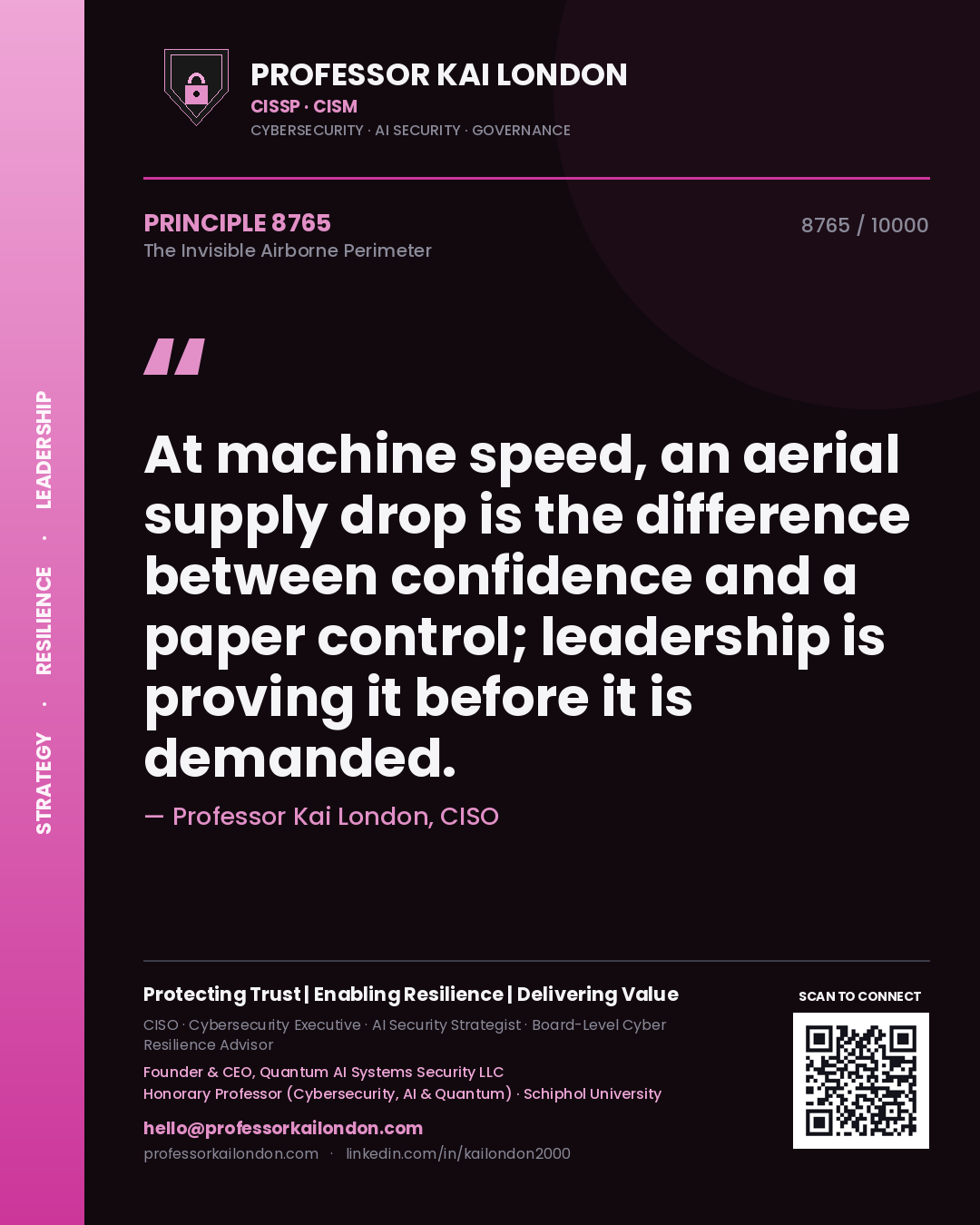 Quote card by Professor Kai London reading 'At machine speed, an aerial supply drop is the difference between confidence and a paper control; leadership is proving it before it is demanded.'. From the book The Invisible Airborne Perimeter.