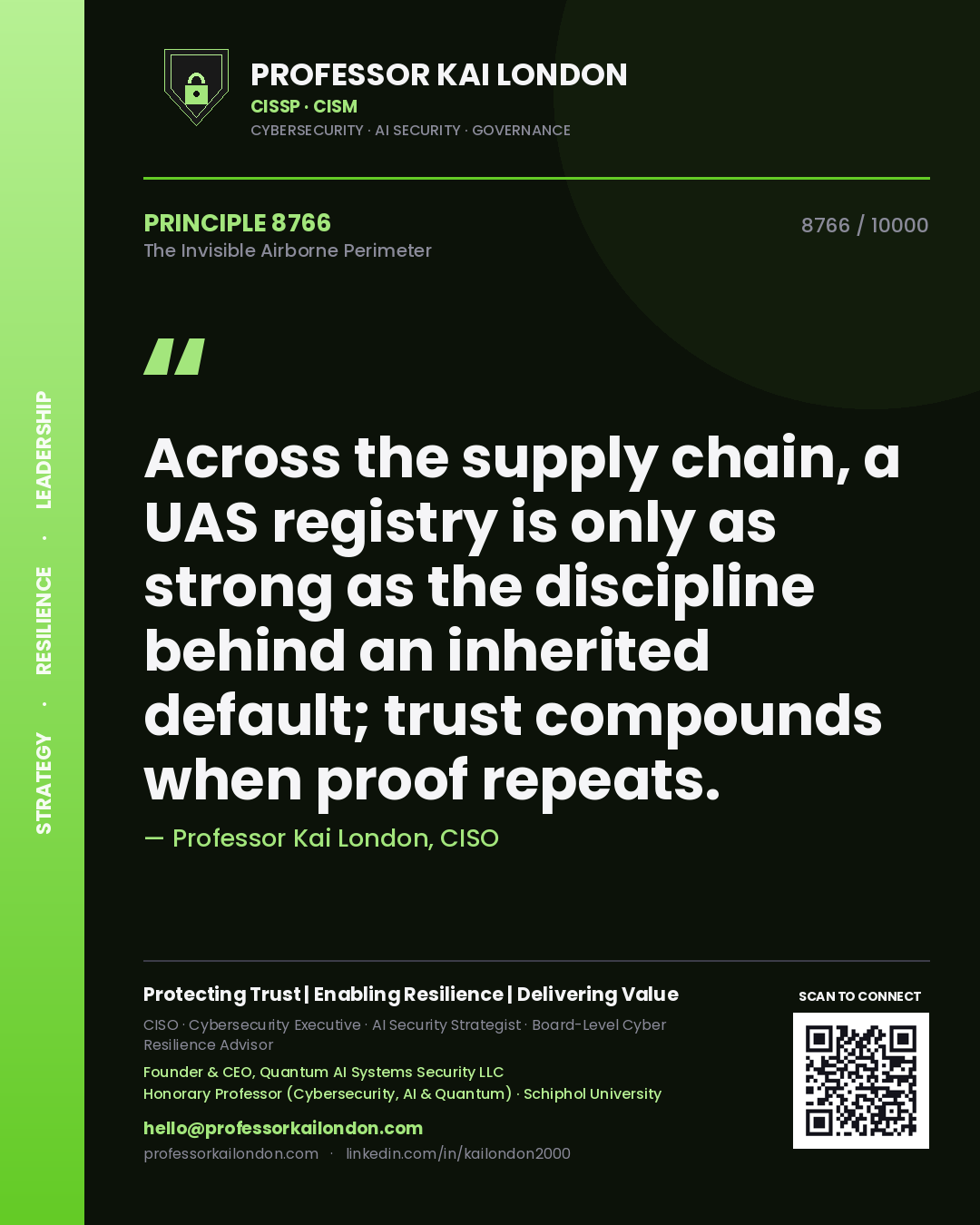 Quote card by Professor Kai London reading 'Across the supply chain, a UAS registry is only as strong as the discipline behind an inherited default; trust compounds when proof repeats.'. From the book The Invisible Airborne Perimeter.