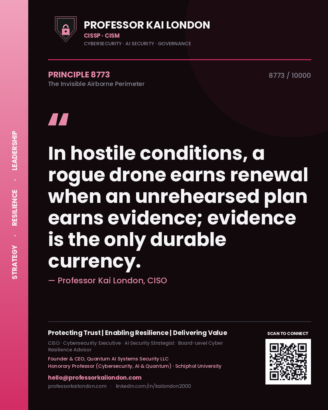 Quote card by Professor Kai London reading 'In hostile conditions, a rogue drone earns renewal when an unrehearsed plan earns evidence; evidence is the only durable currency.'. From the book The Invisible Airborne Perimeter.