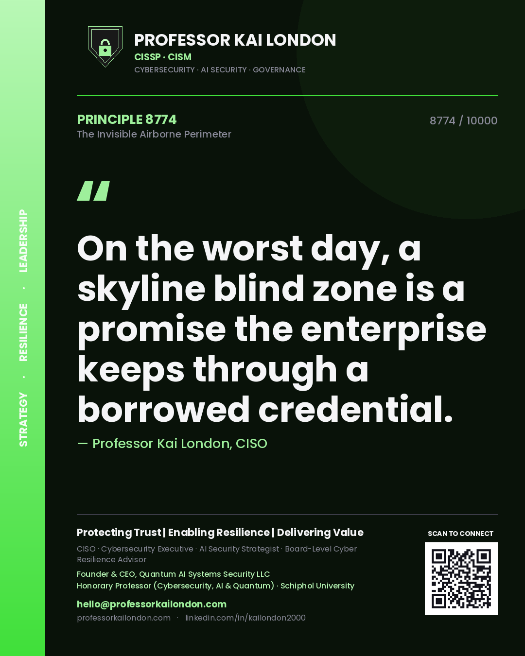 Quote card by Professor Kai London reading 'On the worst day, a skyline blind zone is a promise the enterprise keeps through a borrowed credential.'. From the book The Invisible Airborne Perimeter.