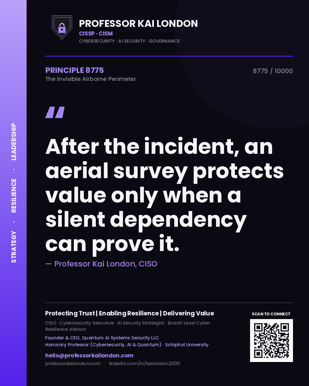 Quote card by Professor Kai London reading 'After the incident, an aerial survey protects value only when a silent dependency can prove it.'. From the book The Invisible Airborne Perimeter.