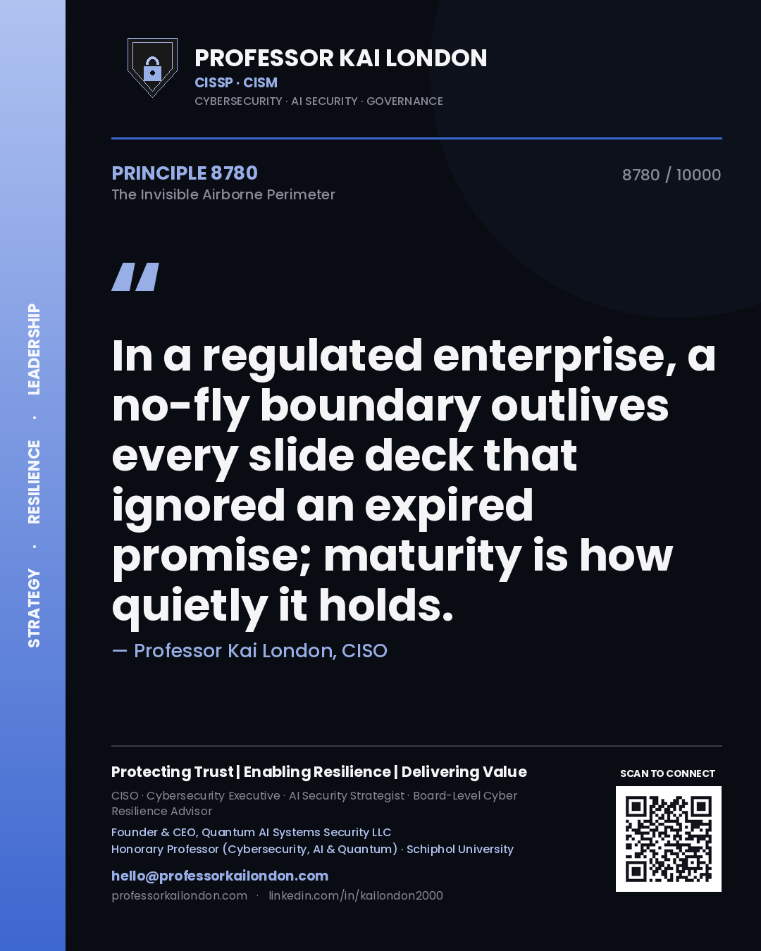 Professor Kai London principle 8780: In a regulated enterprise, a no-fly boundary outlives every slide deck that ignored an expired promise; maturity is how quietly it holds.