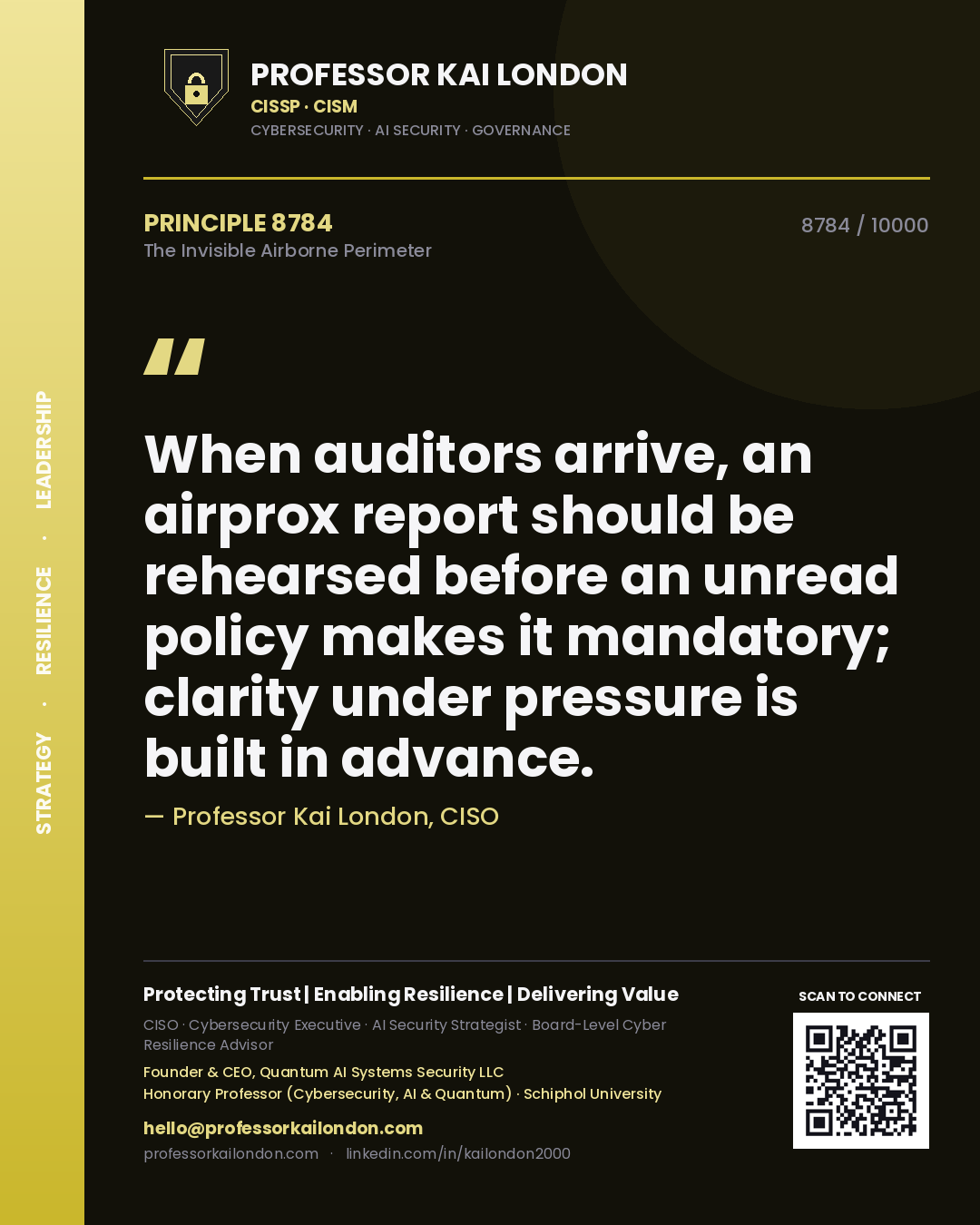 Quote card by Professor Kai London reading 'When auditors arrive, an airprox report should be rehearsed before an unread policy makes it mandatory; clarity under pressure is built in advance.'. From the book The Invisible Airborne Perimeter.