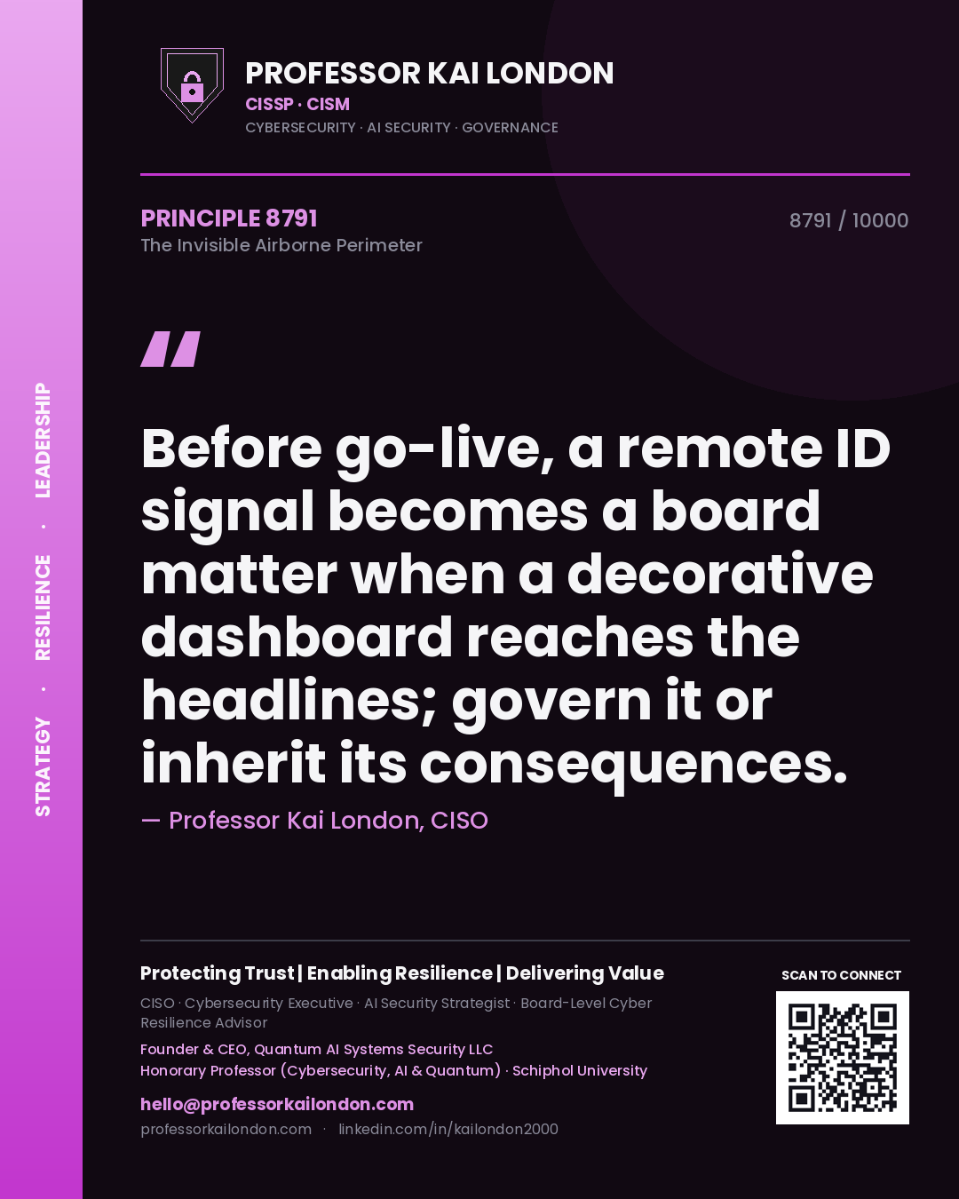 Quote card by Professor Kai London reading 'Before go-live, a remote ID signal becomes a board matter when a decorative dashboard reaches the headlines; govern it or inherit its consequences.'. From the book The Invisible Airborne Perimeter.