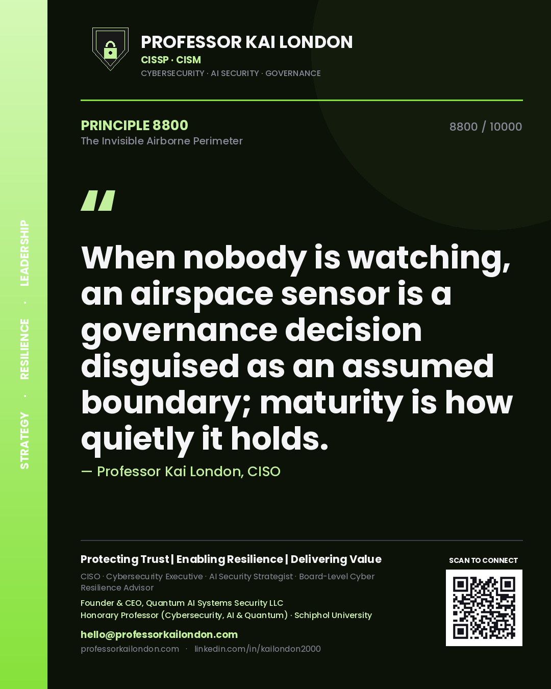 Quote card by Professor Kai London reading 'When nobody is watching, an airspace sensor is a governance decision disguised as an assumed boundary; maturity is how quietly it holds.'. From the book The Invisible Airborne Perimeter.