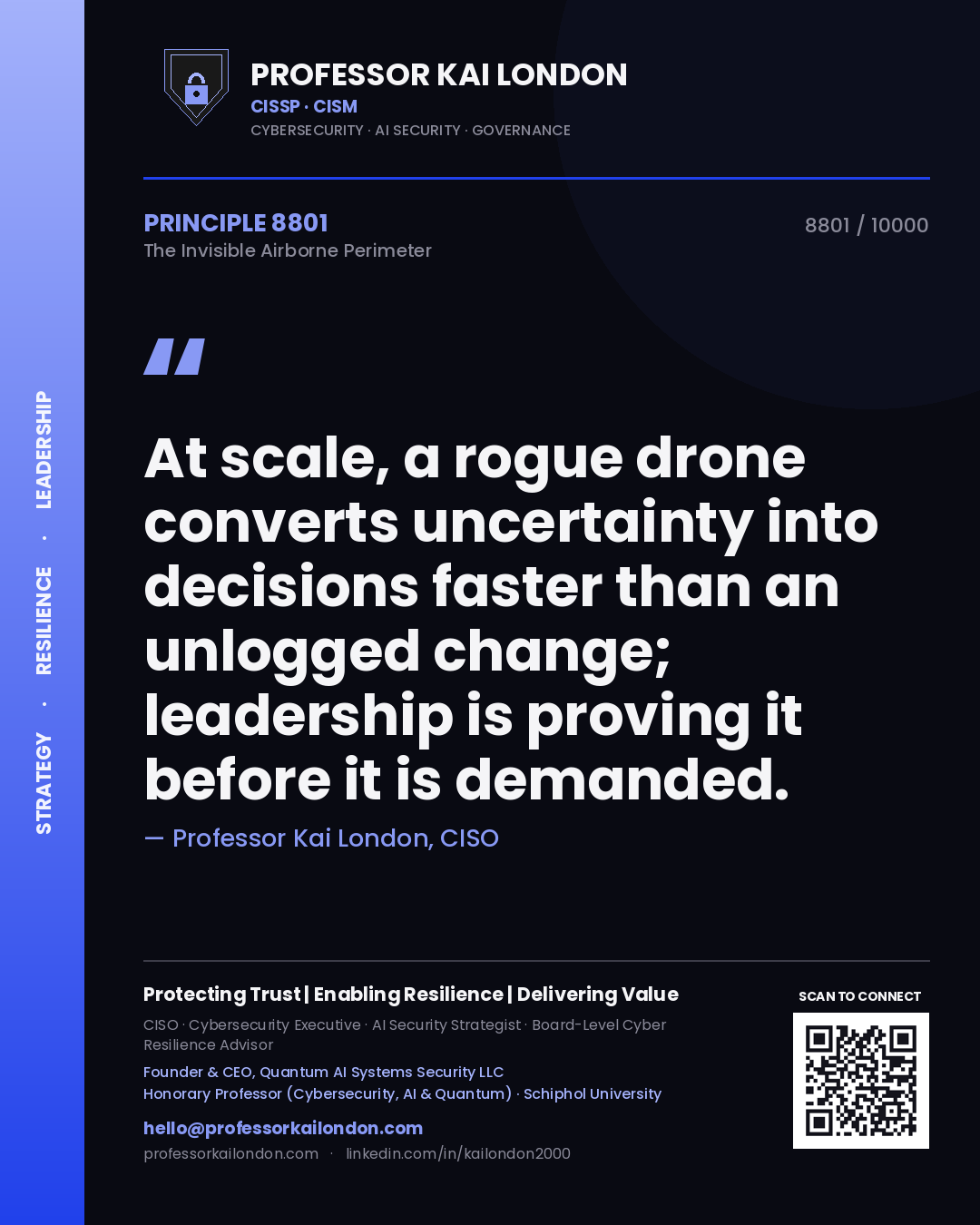 Quote card by Professor Kai London reading 'At scale, a rogue drone converts uncertainty into decisions faster than an unlogged change; leadership is proving it before it is demanded.'. From the book The Invisible Airborne Perimeter.