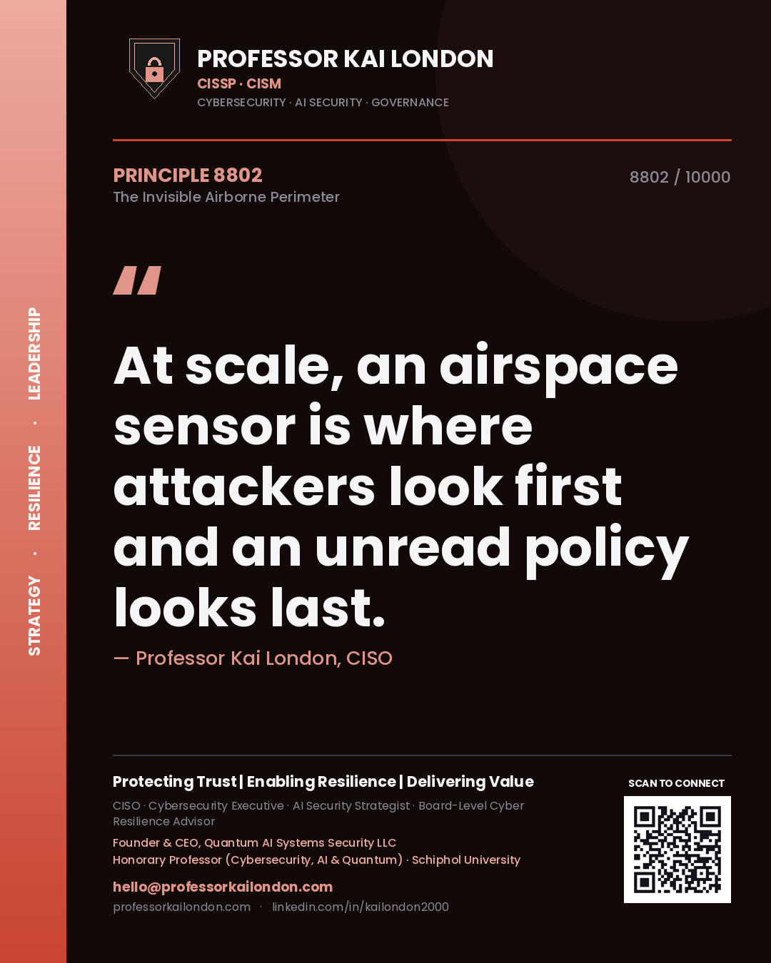 Quote card by Professor Kai London reading 'At scale, an airspace sensor is where attackers look first and an unread policy looks last.'. From the book The Invisible Airborne Perimeter.