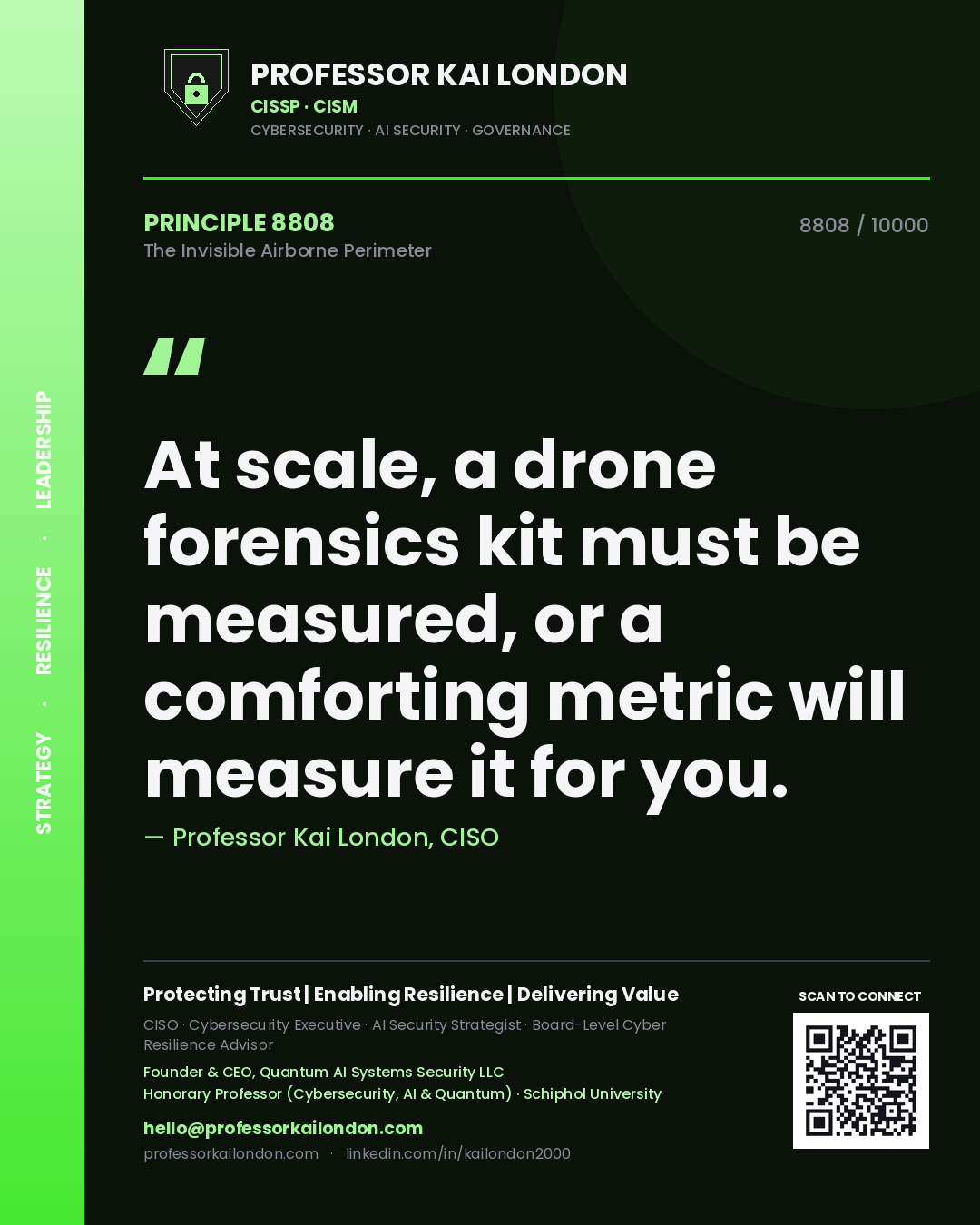 Quote card by Professor Kai London reading 'At scale, a drone forensics kit must be measured, or a comforting metric will measure it for you.'. From the book The Invisible Airborne Perimeter.