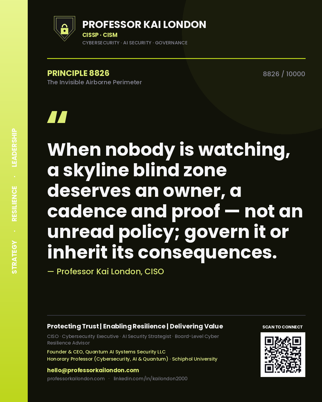 Quote card by Professor Kai London reading 'When nobody is watching, a skyline blind zone deserves an owner, a cadence and proof — not an unread policy; govern it or inherit its consequences.'. From the book The Invisible Airborne Perimeter.