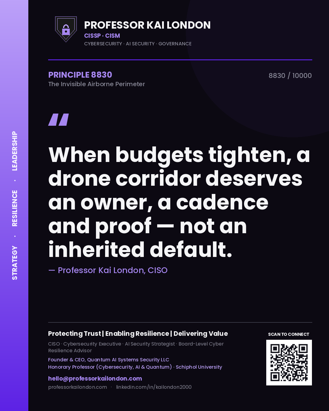 Quote card by Professor Kai London reading 'When budgets tighten, a drone corridor deserves an owner, a cadence and proof — not an inherited default.'. From the book The Invisible Airborne Perimeter.