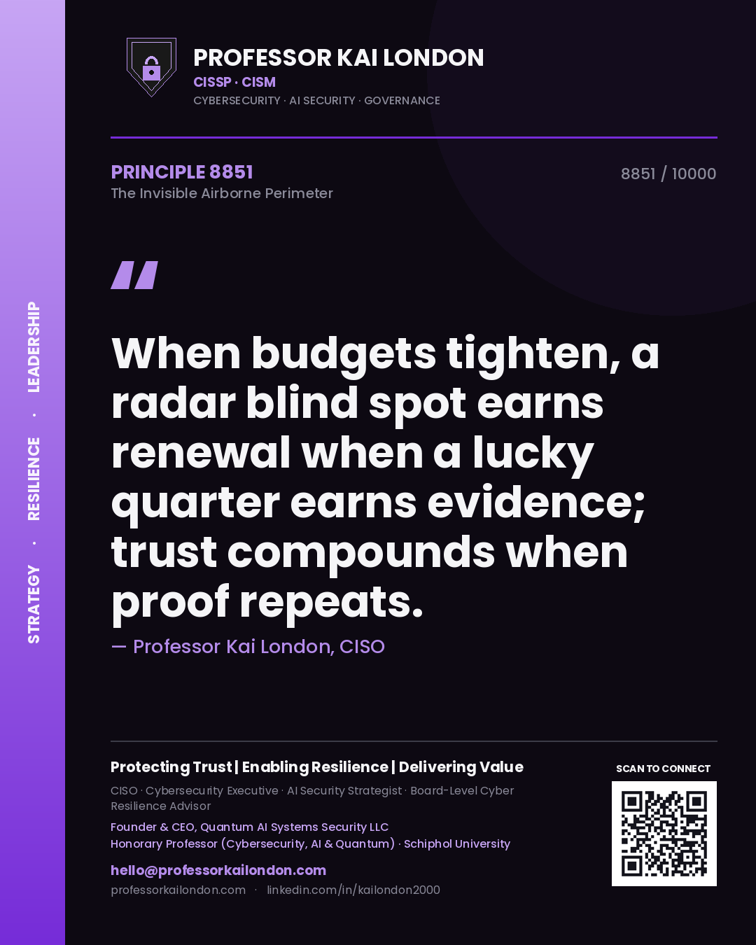Quote card by Professor Kai London reading 'When budgets tighten, a radar blind spot earns renewal when a lucky quarter earns evidence; trust compounds when proof repeats.'. From the book The Invisible Airborne Perimeter.