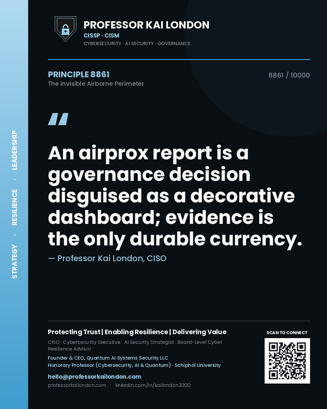 Quote card by Professor Kai London reading 'An airprox report is a governance decision disguised as a decorative dashboard; evidence is the only durable currency.'. From the book The Invisible Airborne Perimeter.