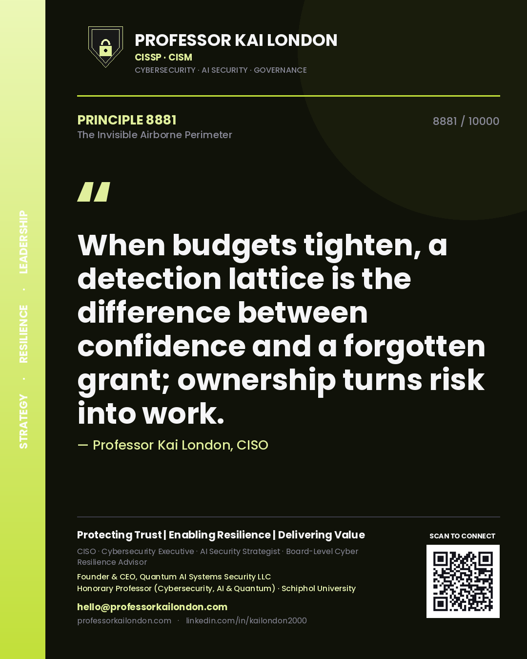 Quote card by Professor Kai London reading 'When budgets tighten, a detection lattice is the difference between confidence and a forgotten grant; ownership turns risk into work.'. From the book The Invisible Airborne Perimeter.