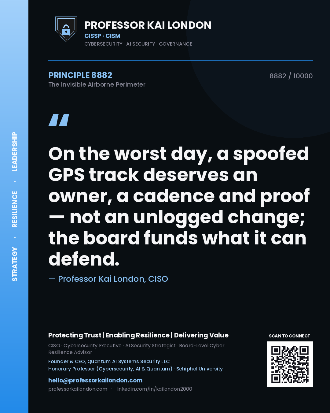 Quote card by Professor Kai London reading 'On the worst day, a spoofed GPS track deserves an owner, a cadence and proof — not an unlogged change; the board funds what it can defend.'. From the book The Invisible Airborne Perimeter.