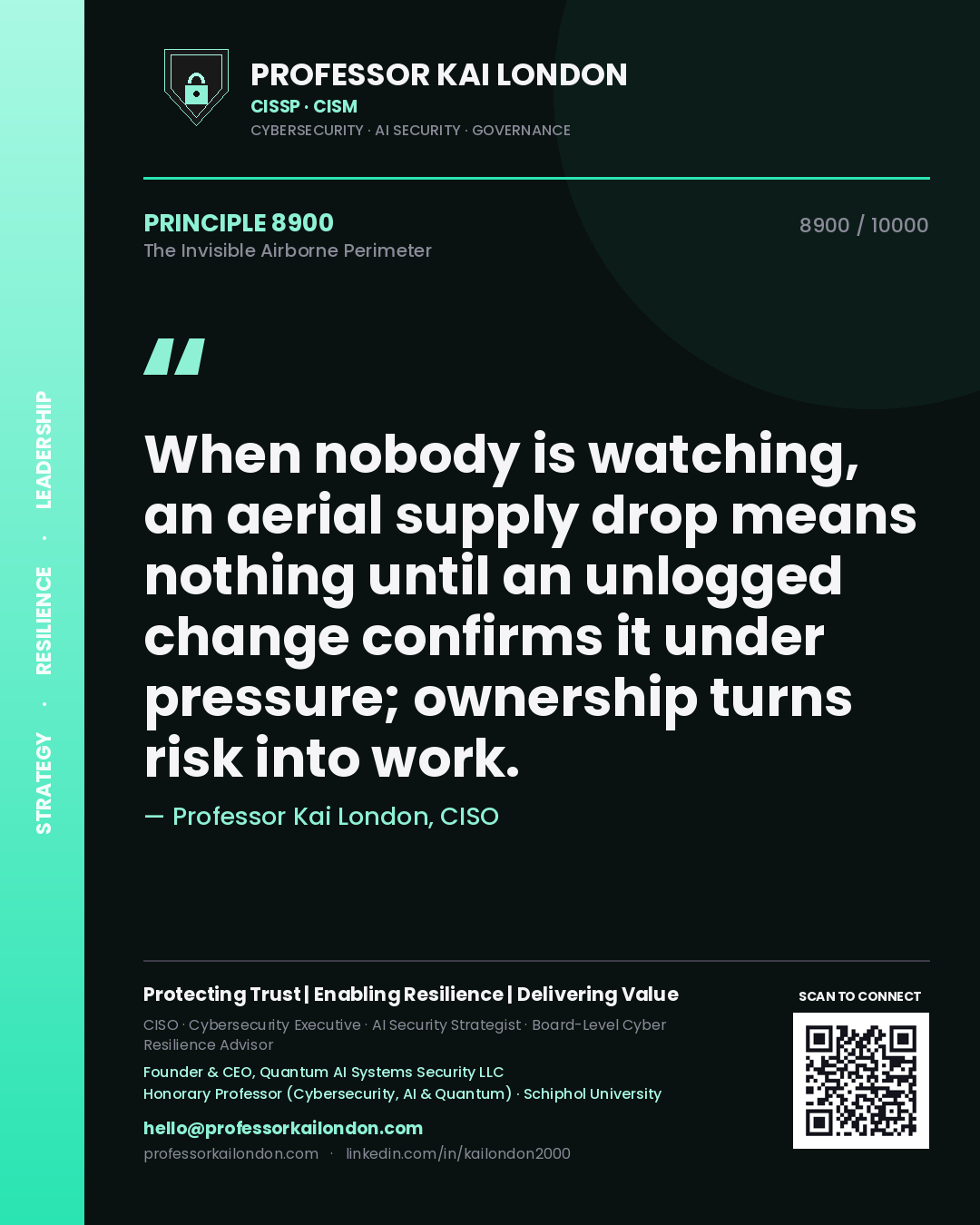 Quote card by Professor Kai London reading 'When nobody is watching, an aerial supply drop means nothing until an unlogged change confirms it under pressure; ownership turns risk into work.'. From the book The Invisible Airborne Perimeter.